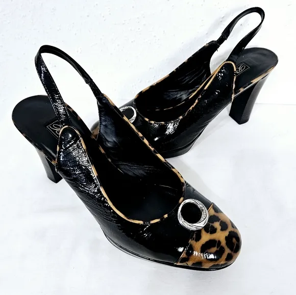 Brighton BABS Cap Toe Slingback Platform Heel in Black / Leopard Size 8.5