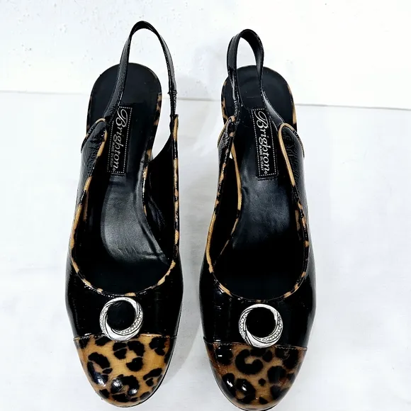 Brighton BABS Cap Toe Slingback Platform Heel in Black / Leopard Size 8.5