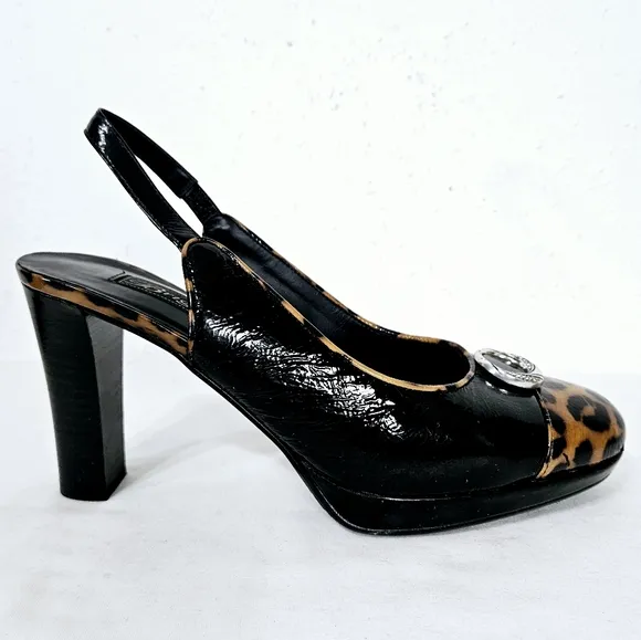 Brighton BABS Cap Toe Slingback Platform Heel in Black / Leopard Size 8.5