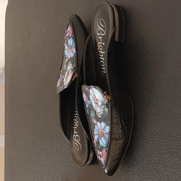 Brighton Everly Floral Printed Leather Croc Embossed Mules Size 7.5 (5216)