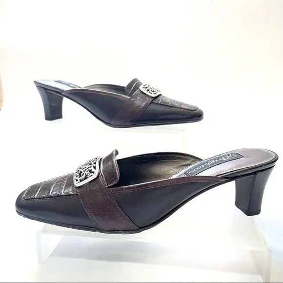 BRIGHTON NWT Size 6.5 STEPH Chocolate Brown Leather Crocodile Slip On Mule Heel