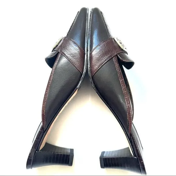 BRIGHTON NWT Size 6.5 STEPH Chocolate Brown Leather Crocodile Slip On Mule Heel