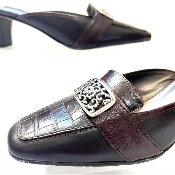 BRIGHTON NWT Size 6.5 STEPH Chocolate Brown Leather Crocodile Slip On Mule Heel