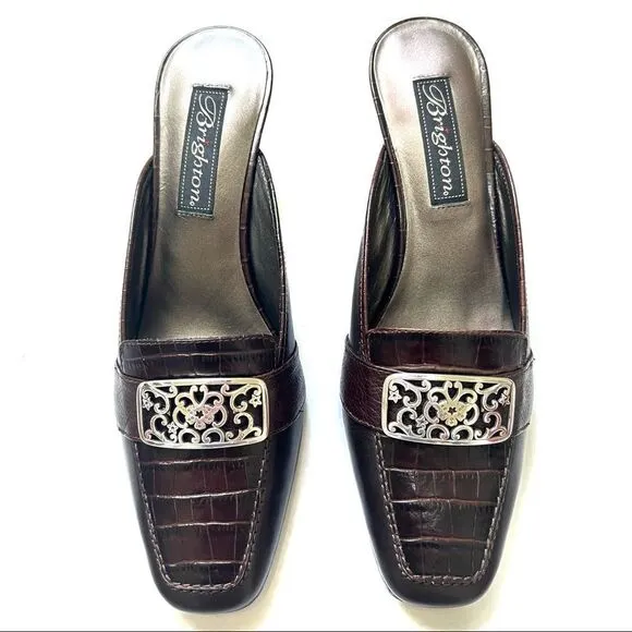 BRIGHTON NWT Size 6.5 STEPH Chocolate Brown Leather Crocodile Slip On Mule Heel