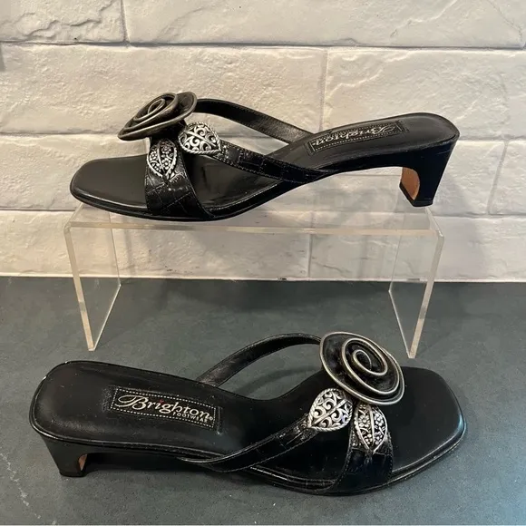 Brighton sz 6.5 Kassie black leather Heels w/ silver metal &amp; rose accents