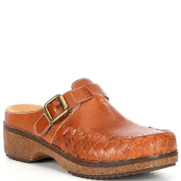 Brioso Jordyn Leather Mules Clogs Buckle Strap Cork Sole Weave WomensSize 9.5 M