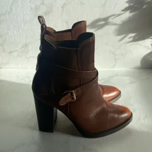Brown Tan Coach Leather Jackson Block Heel Bootie 7.5 Ankle Boot Designer Fall