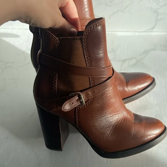Brown Tan Coach Leather Jackson Block Heel Bootie 7.5 Ankle Boot Designer Fall