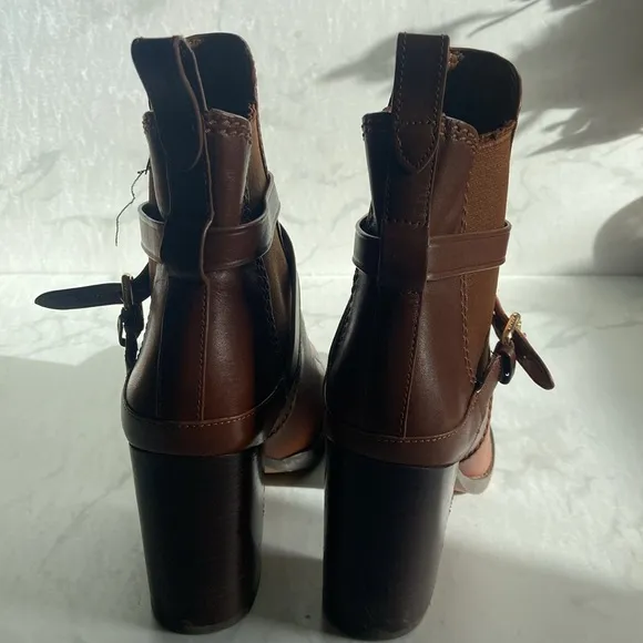 Brown Tan Coach Leather Jackson Block Heel Bootie 7.5 Ankle Boot Designer Fall
