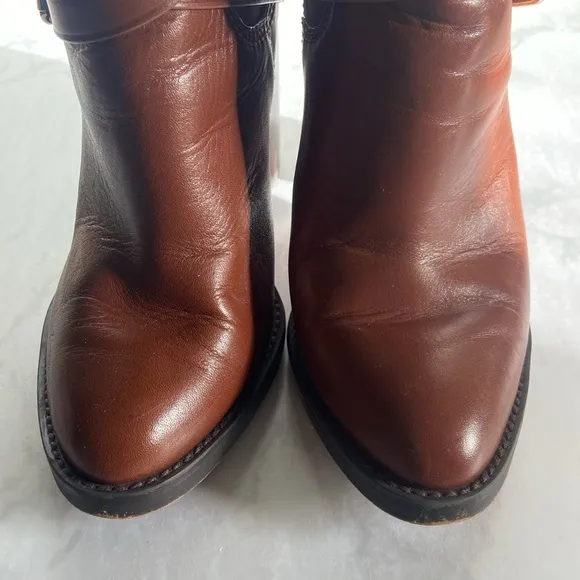 Brown Tan Coach Leather Jackson Block Heel Bootie 7.5 Ankle Boot Designer Fall
