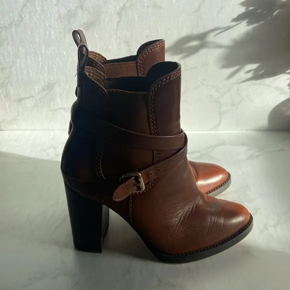 Brown Tan Coach Leather Jackson Block Heel Bootie 7.5 Ankle Boot Designer Fall