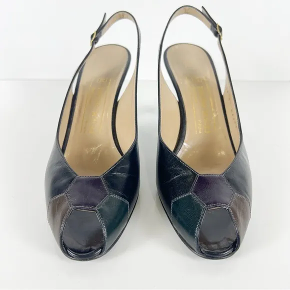 Bruno Magli Vintage Patchwork Leather Slingback Buckle Peep Toe Heels  8.5 AA