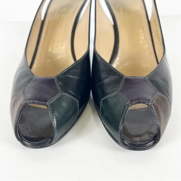 Bruno Magli Vintage Patchwork Leather Slingback Buckle Peep Toe Heels  8.5 AA