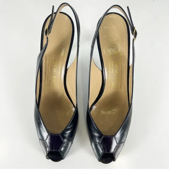 Bruno Magli Vintage Patchwork Leather Slingback Buckle Peep Toe Heels  8.5 AA