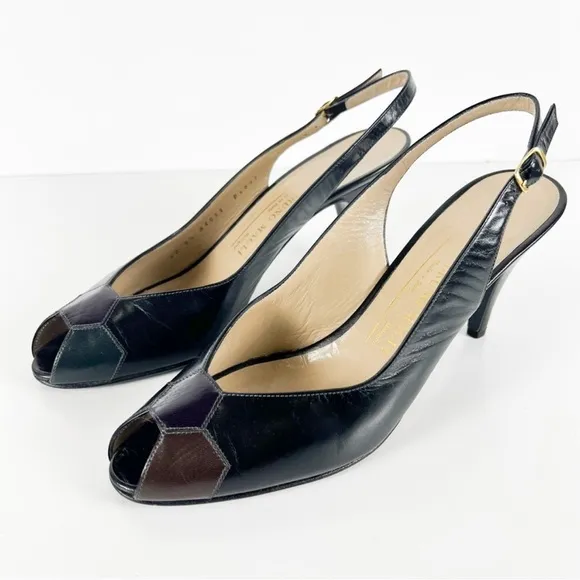 Bruno Magli Vintage Patchwork Leather Slingback Buckle Peep Toe Heels  8.5 AA