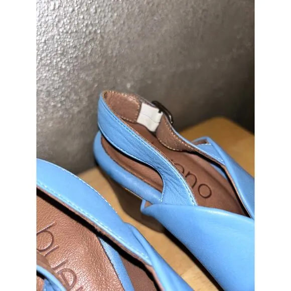 Bueno Clare Tusk Blue Leather Faux Stacked Slingback Sculpted Peep Toe Heels