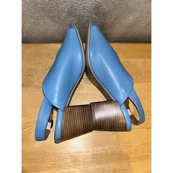 Bueno Clare Tusk Blue Leather Faux Stacked Slingback Sculpted Peep Toe Heels