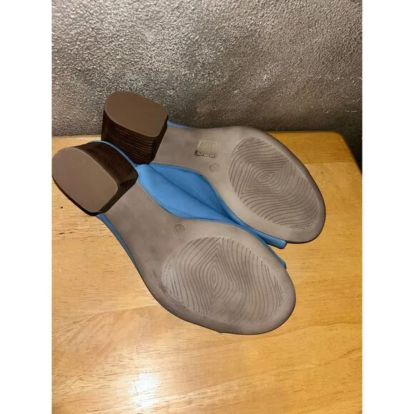 Bueno Clare Tusk Blue Leather Faux Stacked Slingback Sculpted Peep Toe Heels