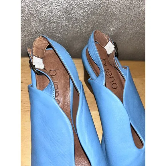 Bueno Clare Tusk Blue Leather Faux Stacked Slingback Sculpted Peep Toe Heels
