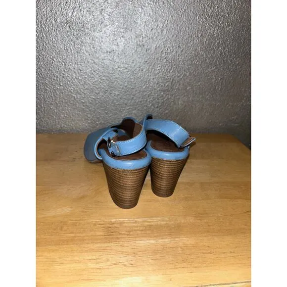 Bueno Clare Tusk Blue Leather Faux Stacked Slingback Sculpted Peep Toe Heels
