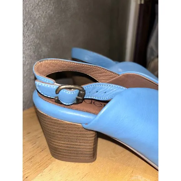 Bueno Clare Tusk Blue Leather Faux Stacked Slingback Sculpted Peep Toe Heels