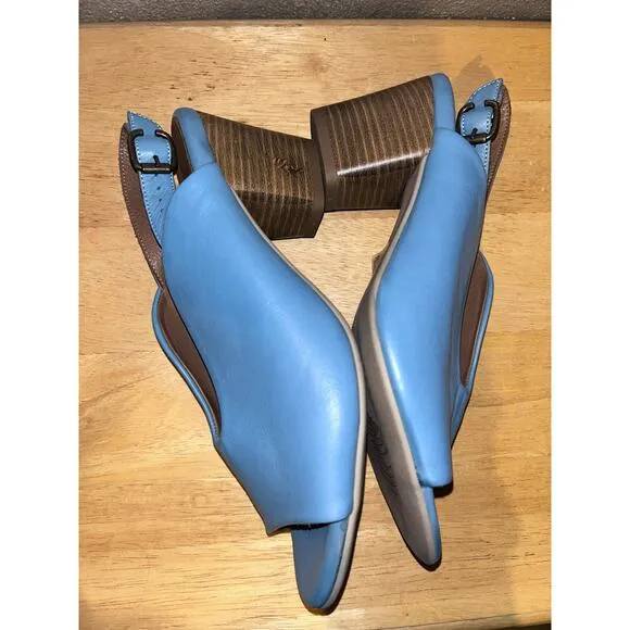 Bueno Clare Tusk Blue Leather Faux Stacked Slingback Sculpted Peep Toe Heels