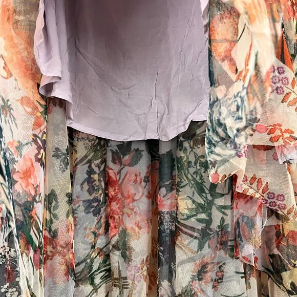 by Anthropologie Womens Size 8 Hi Low Mesh Tulle Ruffle Skirt Garden Motif Print