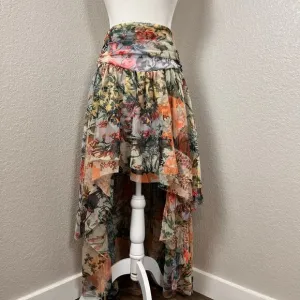 by Anthropologie Womens Size 8 Hi Low Mesh Tulle Ruffle Skirt Garden Motif Print