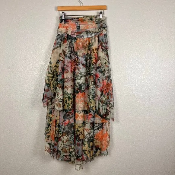 by Anthropologie Womens Size 8 Hi Low Mesh Tulle Ruffle Skirt Garden Motif Print