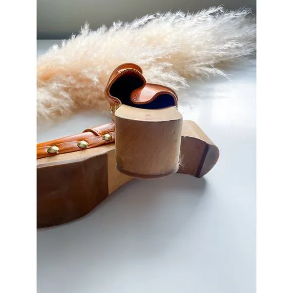 By Far Hans Leather Studded Wooden Mules Clogs Size 8 Slip On Tan Camel