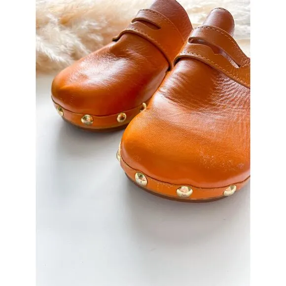 By Far Hans Leather Studded Wooden Mules Clogs Size 8 Slip On Tan Camel