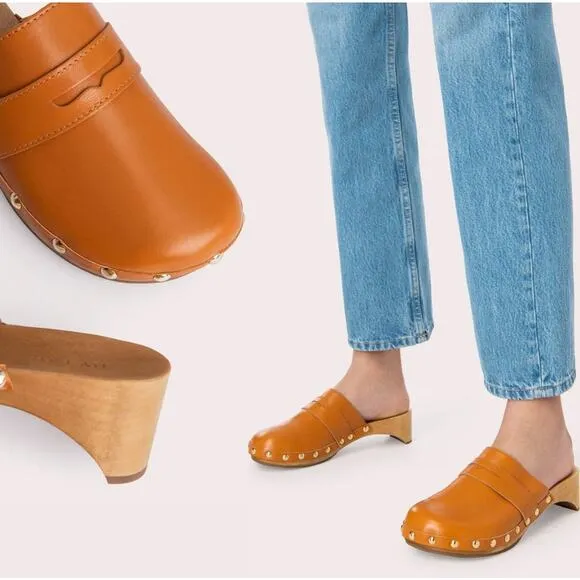 By Far Hans Leather Studded Wooden Mules Clogs Size 8 Slip On Tan Camel