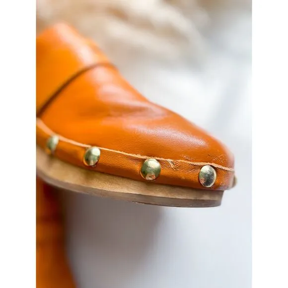 By Far Hans Leather Studded Wooden Mules Clogs Size 8 Slip On Tan Camel