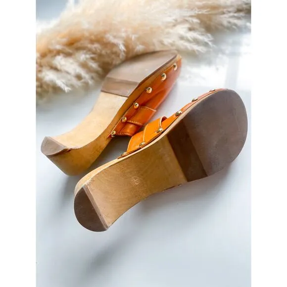 By Far Hans Leather Studded Wooden Mules Clogs Size 8 Slip On Tan Camel