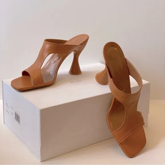 BY FAR - Tan Mules with Sculptural Heel