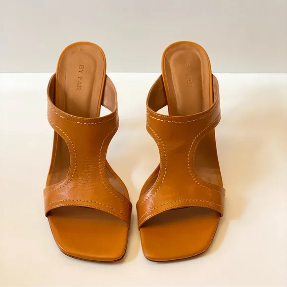 BY FAR - Tan Mules with Sculptural Heel