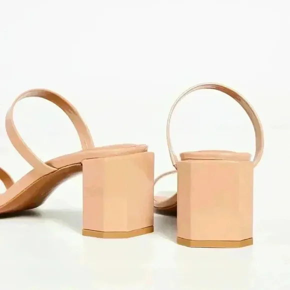 BY FAR Tanya Angled Square Toe Block Heel Sandals Patent Nude 39