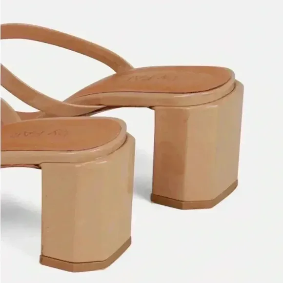 BY FAR Tanya Angled Square Toe Block Heel Sandals Patent Nude 39