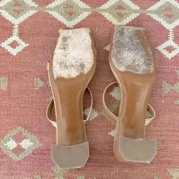 BY FAR Tanya Angled Square Toe Block Heel Sandals Patent Nude 39
