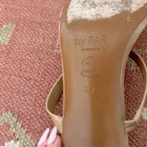 BY FAR Tanya Angled Square Toe Block Heel Sandals Patent Nude 39