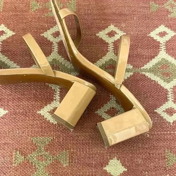 BY FAR Tanya Angled Square Toe Block Heel Sandals Patent Nude 39