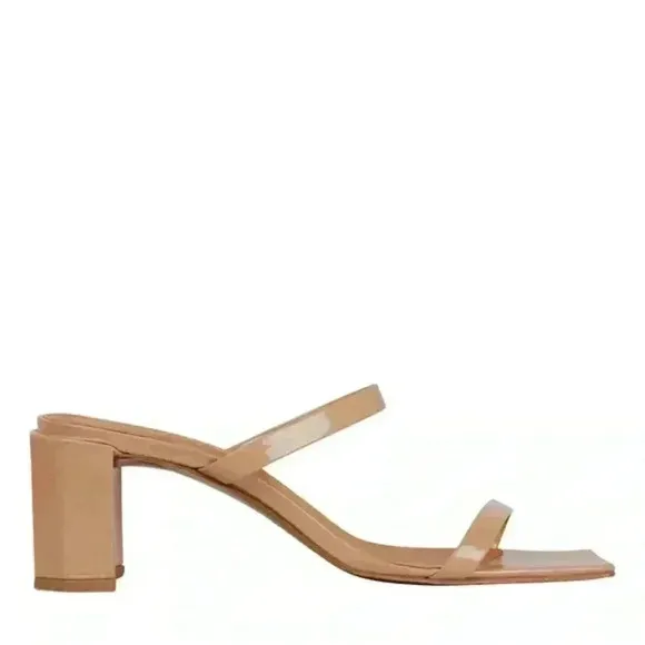BY FAR Tanya Angled Square Toe Block Heel Sandals Patent Nude 39