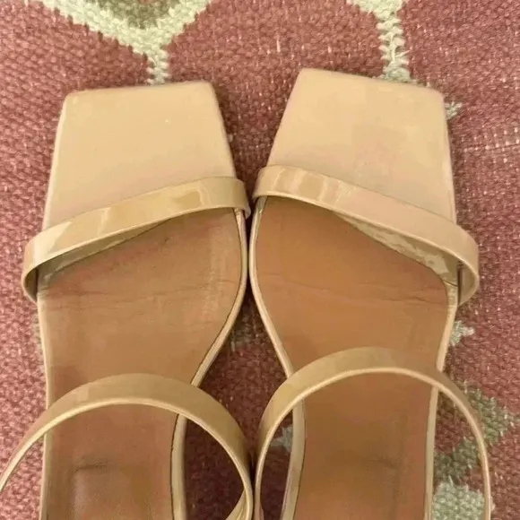 BY FAR Tanya Angled Square Toe Block Heel Sandals Patent Nude 39