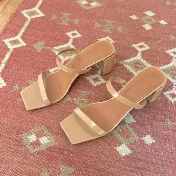 BY FAR Tanya Angled Square Toe Block Heel Sandals Patent Nude 39