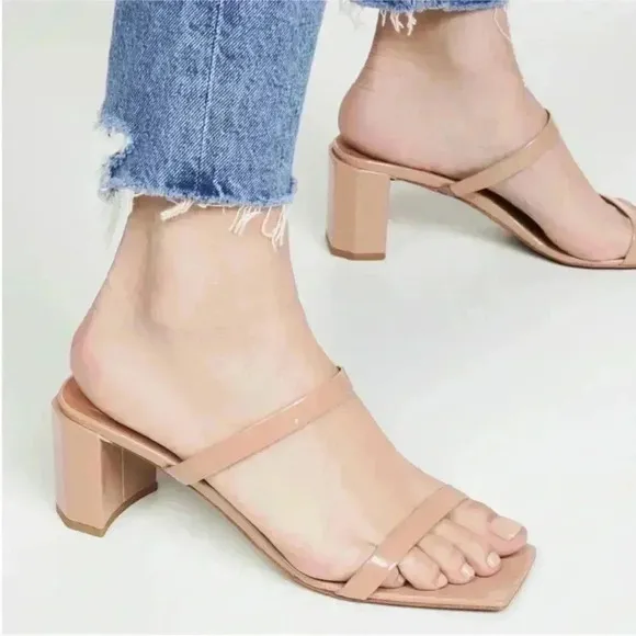 BY FAR Tanya Angled Square Toe Block Heel Sandals Patent Nude 39