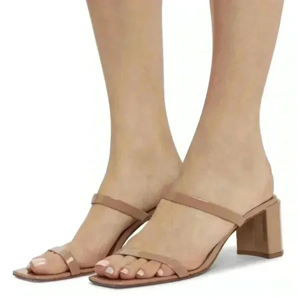 BY FAR Tanya Angled Square Toe Block Heel Sandals Patent Nude 39