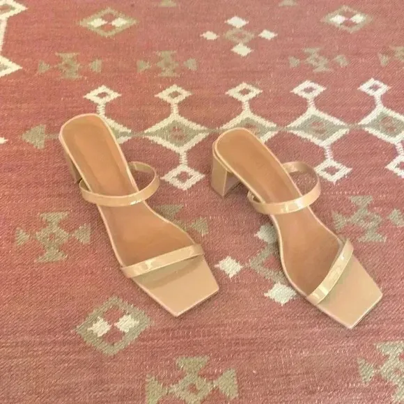 BY FAR Tanya Angled Square Toe Block Heel Sandals Patent Nude 39