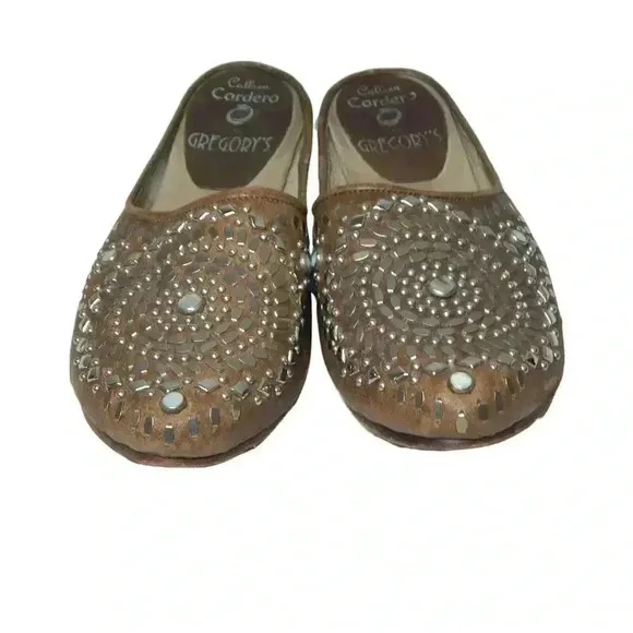 Calleen Cordero Studded Mules Western Cowgirl Tan Silver Leather Slip On Size 7