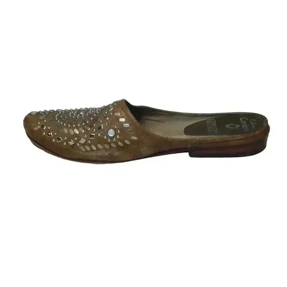 Calleen Cordero Studded Mules Western Cowgirl Tan Silver Leather Slip On Size 7