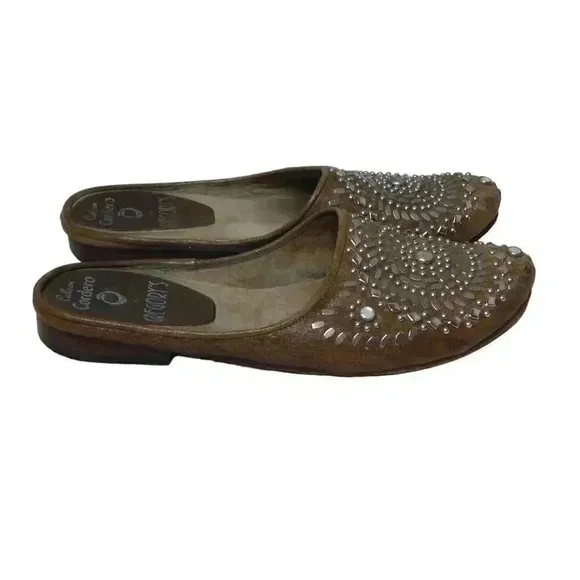 Calleen Cordero Studded Mules Western Cowgirl Tan Silver Leather Slip On Size 7